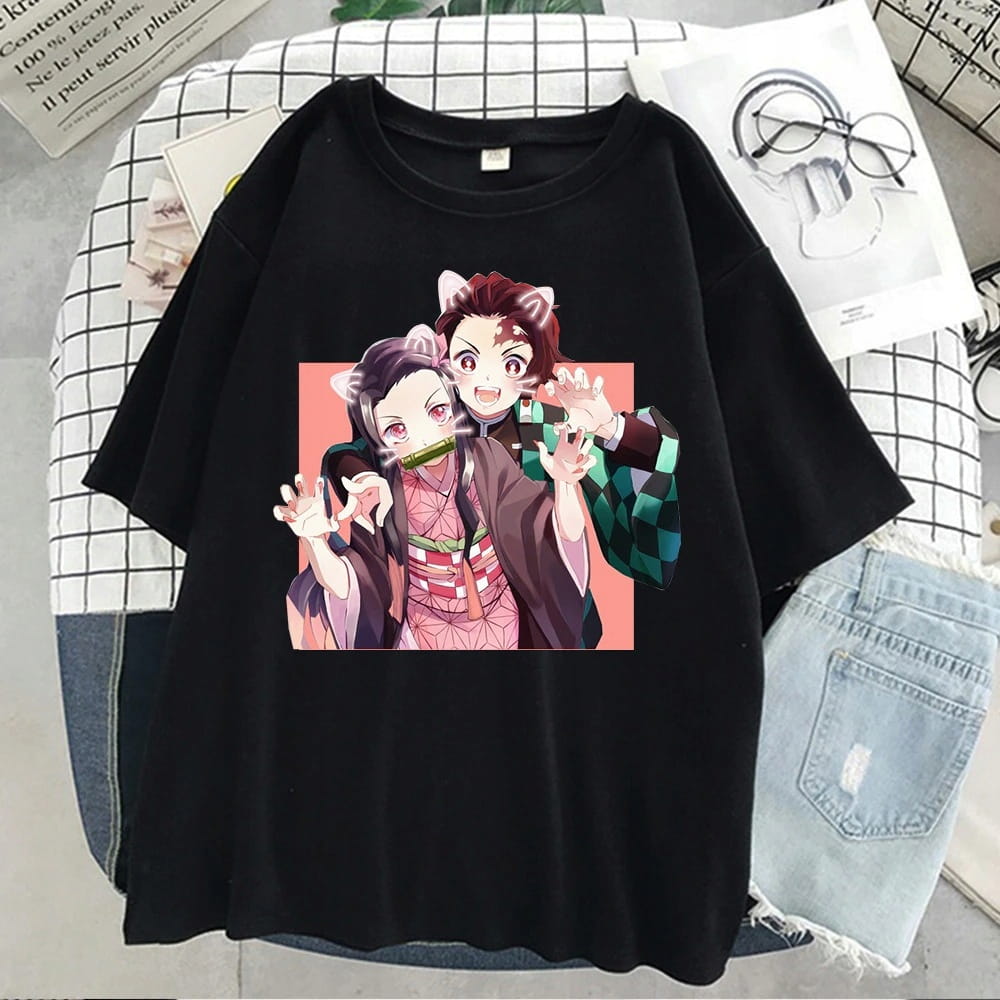 Demon Slayer Tanjirou i Nezuko Kamado Koszulka Anime 100% Bawełna